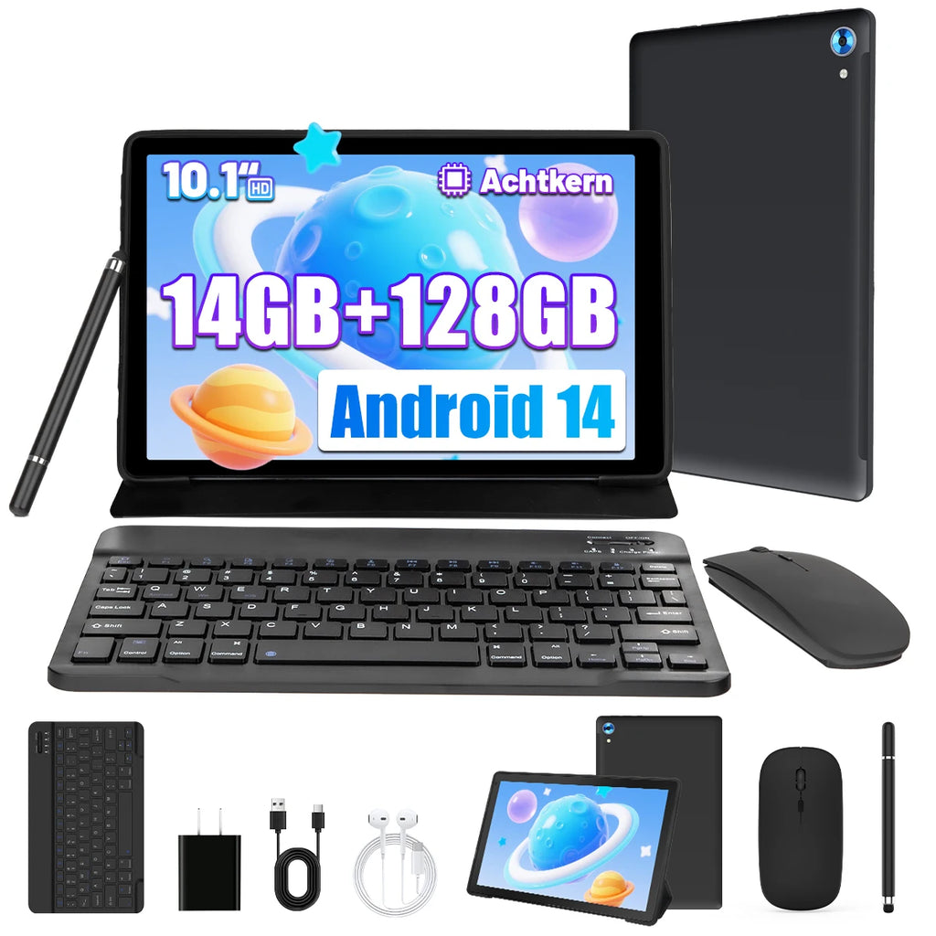 10 Inch Tablet Android 14 16GB RAM 128GB ROM 1TB Expand Octa-Core Widevine L1 With Stylus Keyboard Mouse for Work, Leran