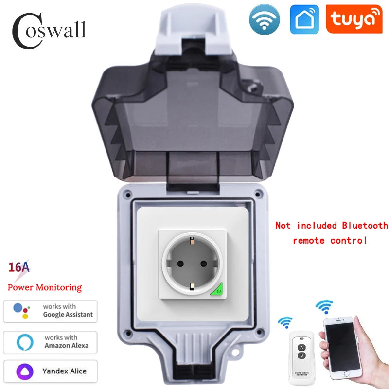 Coswall IP66 Waterproof EU Socket Tuya WIFI / Zigbee Timer Switch Programmable With Power Monitoring Function White