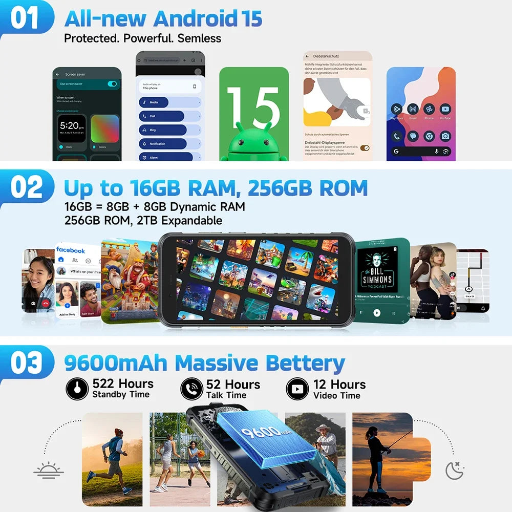 Ulefone RugKing 4G Rugged Smartphone Android 15 Waterproof 5.99 Inch 8+256GB Mobile Phone 9600mAh 50MP Main Camera Cellphone NFC