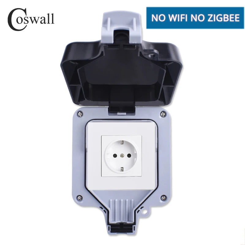 Coswall IP66 Waterproof EU Socket Tuya WIFI / Zigbee Timer Switch Programmable With Power Monitoring Function White