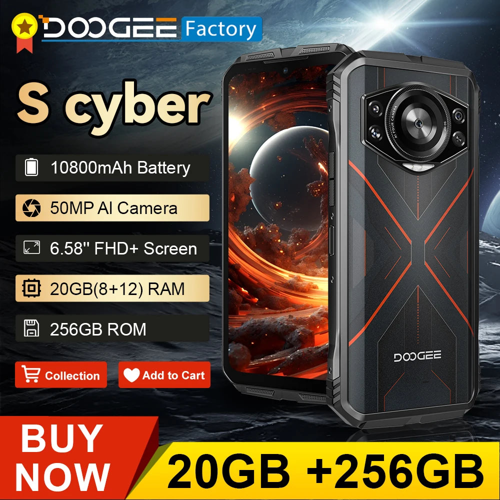 DOOGEE S Cyber 8GB 256GB Smartphone 10800mAh Large Battery 6.58" IPS Screen Cellphones 50MP AI Camera Android 14 Mobile Phone