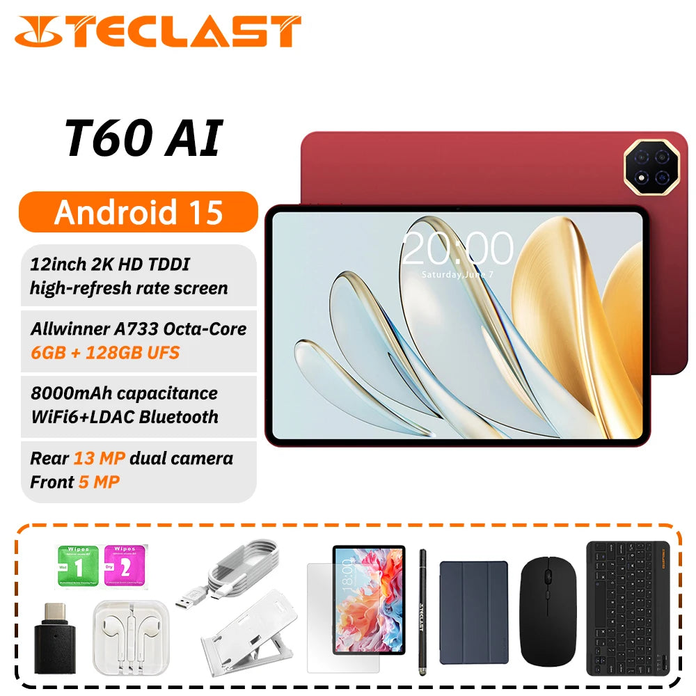 Teclast T60Ai Tablet A733 Octa-Core CPU 12inch 2K HD TDDI Screen 10GB RAM 128GB ROM Android 15 WiFi6 8000mAh 13MP+5MP