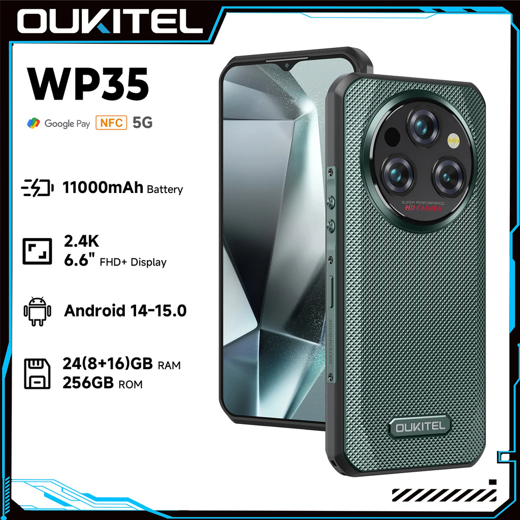 Oukitel WP35 Rugged Smartphone, 5G, 11000mAh, 24GB + 256GB, Android 14, 64 MP, NFC Cell Phone, Green