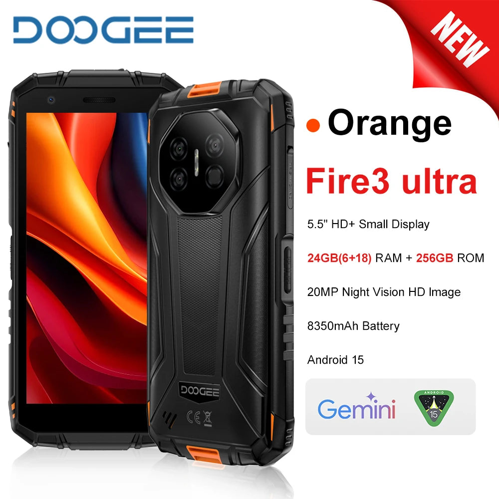 2025 NEW DOOGEE Fire 3 Ultra Rugged Smartphon 5G 5.5" HD 24GB RAM 256GB ROM Cell Phone 8350mAh Android 15 NFC Telephone Portable