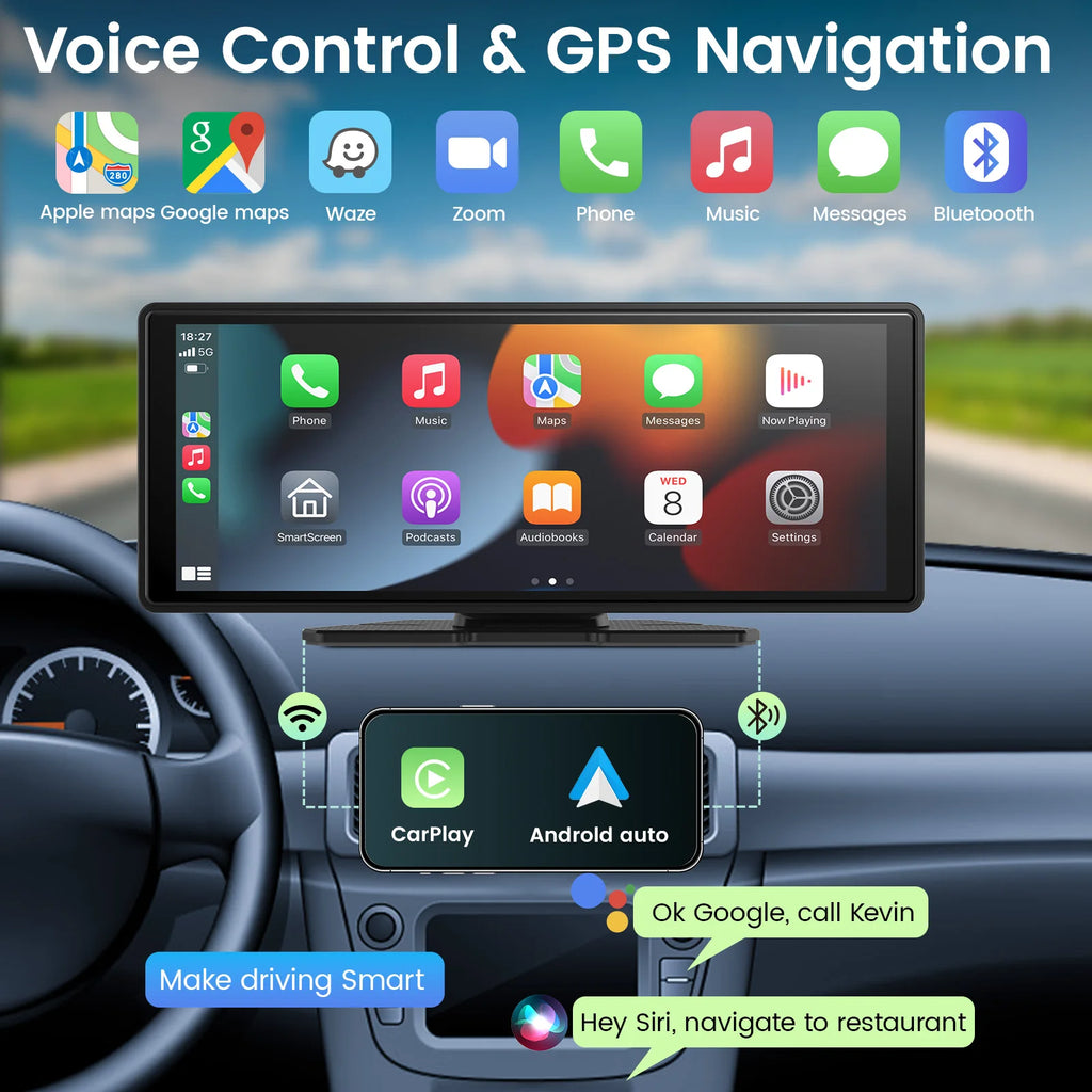Carplay Screen for Car, 10" Portable Wireless Carplay&Android Auto, ar Stereo Audio Receivers for Car GPS Navigation Mirror Link