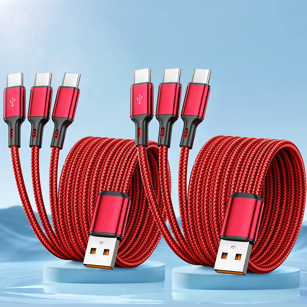 3 In 1 USB-Type C 100W Fast Charging USB A-3Type-C Data Cable For Samsung S24 Xiaomi Huawei Android USB C Data Transfer Cord