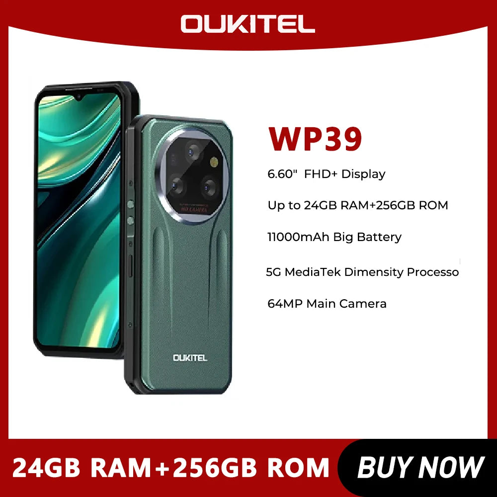 Oukitel wp39 Rugged Smartphone 5G 24GB（6+18)+256GB 6.60"FHD+ 64MP Camera 11000mAh Cell phone Android 14 Global Version