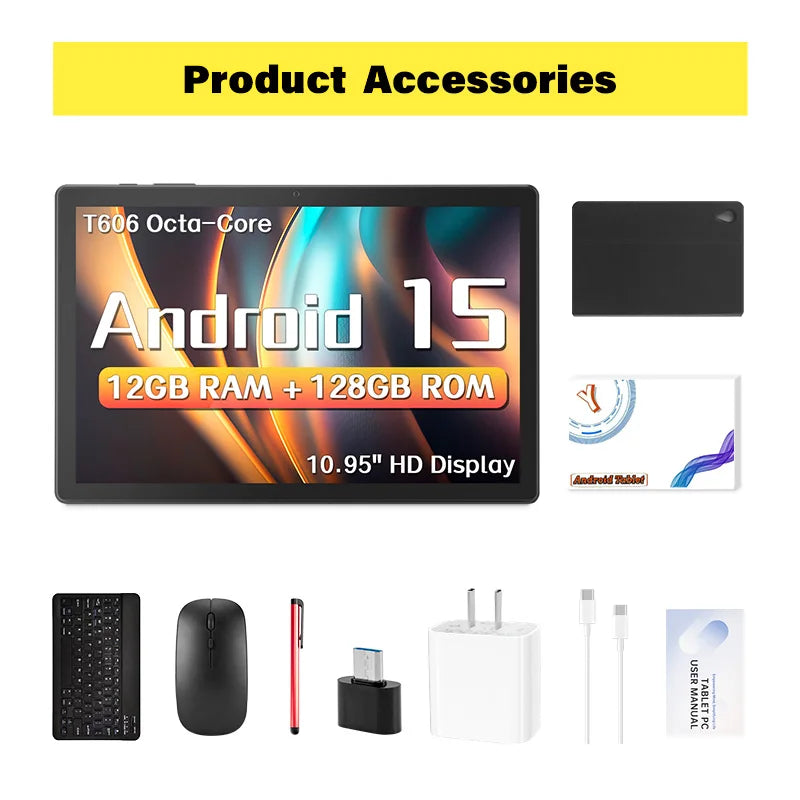 2025 Upgraded Android 15 Tablet 10.95inch,12GB+128GB+512GB, 8000mAh Large Battery, Dual WiFi 6, Dual Camera,T606 Octa-Core CPU