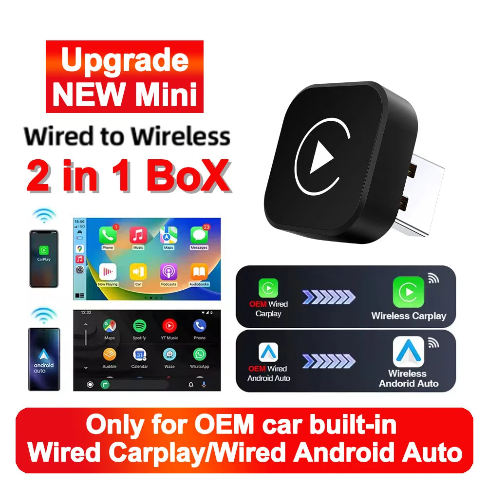 NEW 2in1 Wireless CarPlay AI Mini Android Auto Box Plug&Play Automatic Connection Compatible with 99% of Cars For Car Radio