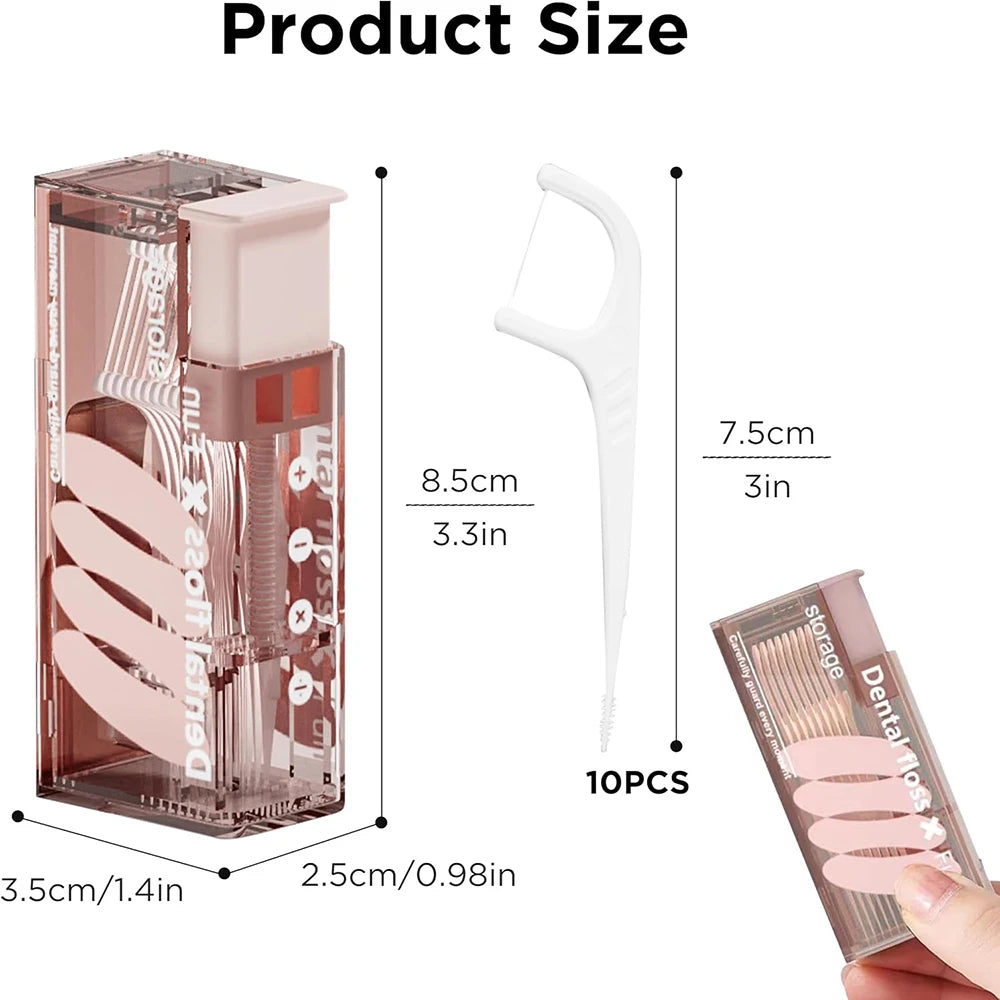Portable Automatic Floss Dispenser with 10Pcs Press-on Disposable Flossing Sticks Oral Care Ejectable Floss Organizer