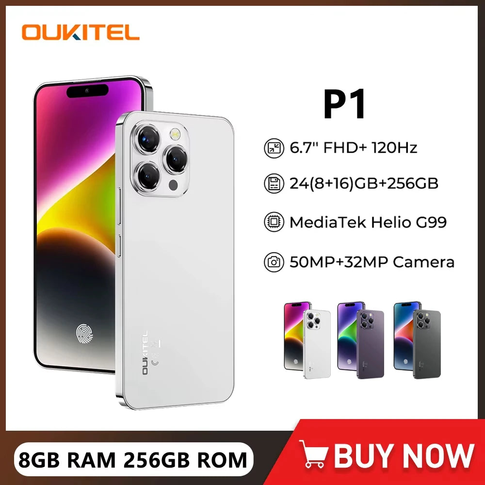 OUKITEL P1 Ultra-thin Smartphone -Android 14 Helio G99 6.7Inch 120Hz AMOLED Display 8GB RAM 256GB ROM 50MP 5150mAh Cellphone NFC