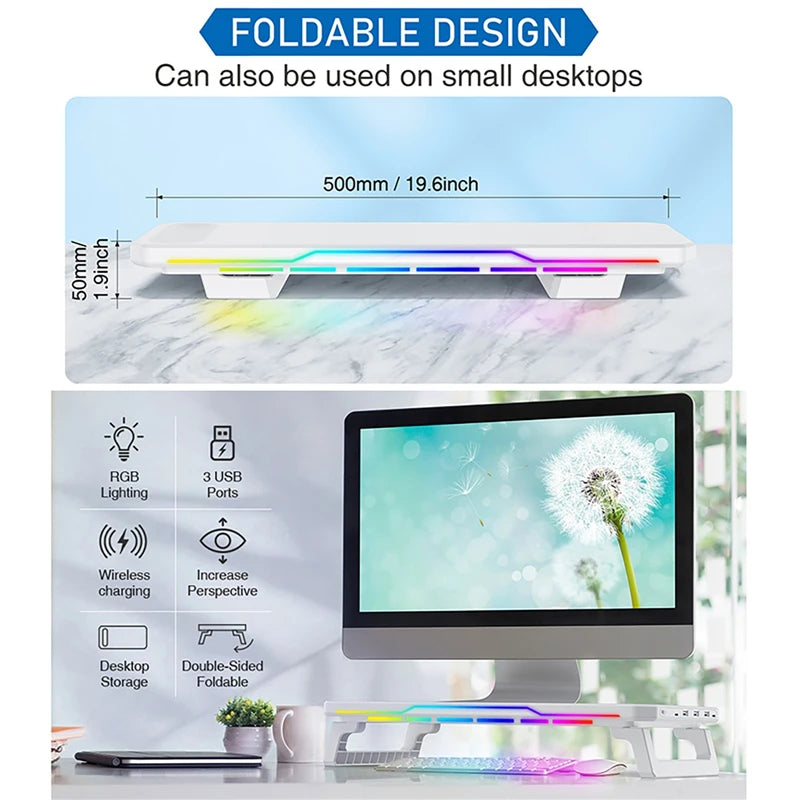Computer Monitor Riser Stand Storage Rack with RGB Lighting + Wireless Charging + 3 USB Ports White Foldable Desktop Organizer