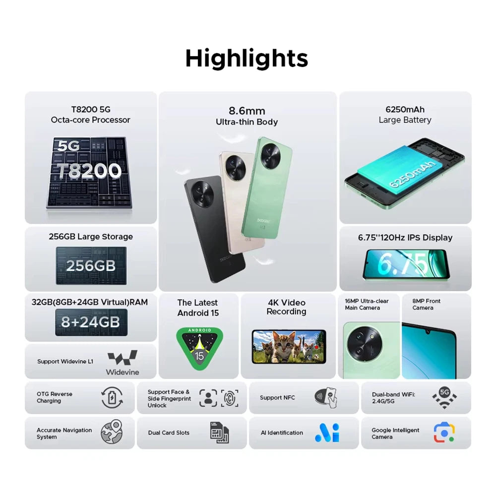 NEW DOOGEE Note 59 Pro 5G Smartphone 8GB RAM 256GB ROM 120Hz 6.75" HD+ 6250mAh Battery NFC Cellphone Martphone Android 15 Phones