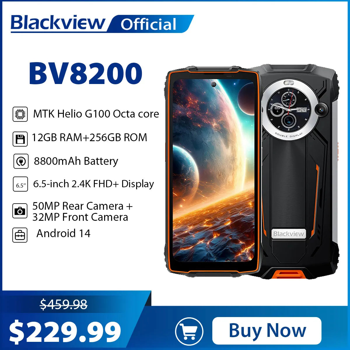 Blackview BV8200 Rugged phone 6.49" 2.4K 120Hz Display Helio G100 12GB 256GB NFC Flashlight Android 14 CellPhone
