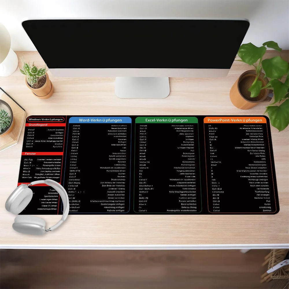 German Excel Shortcuts Pattern Large Mouse Pad Office Desk Mat Computer Keyboard Pad Starters Gift for Office Workers Students