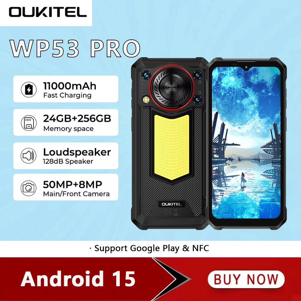 OUKITEL WP53 PRO 4G Rugged Smartphone Android15 6.52 Inch 24GB RAM+256GB ROM Mobile Phone 11000mAh 50MP 18W Cell Phones NFC
