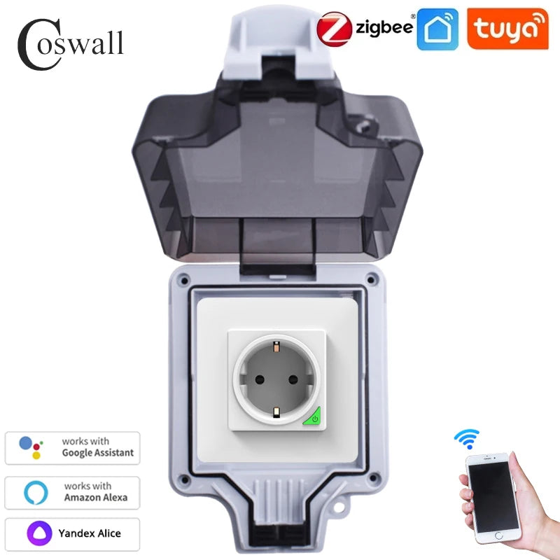 Coswall IP66 Waterproof EU Socket Tuya WIFI / Zigbee Timer Switch Programmable With Power Monitoring Function White
