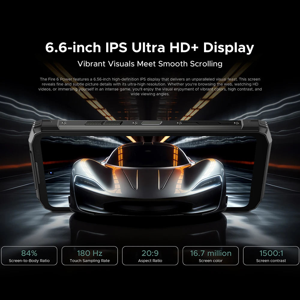 DOOGEE Fire 6 Power Rugged Phone Dual Light Flashlight 6.56-inch HD+ 90Hz Display 8GB+256GB 50MP Main Camera 15500mAh Cellphone