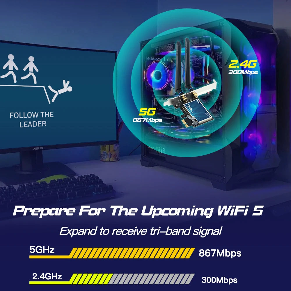 FENVI AC1200 PCI-E Wireless Adapter Network Card Dual Band 2.4G/5GHz 802.11AC For Bluetooth 4.0 Desktop Laptop Windows 7/8/10/11