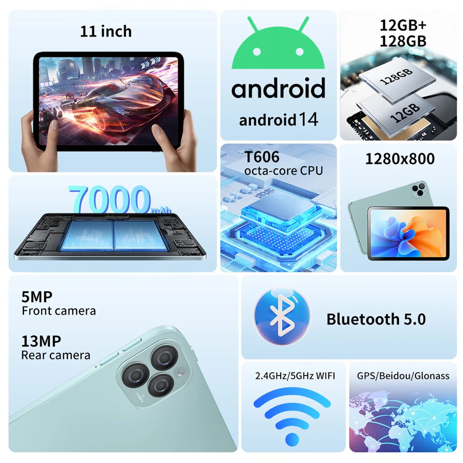 11 Inch Android Tablet 12GB+128GB Octa-Core 7000mAh Android 14 Google Play 4G LTE Phone Call 5G WiFi Global Version Tablet PC
