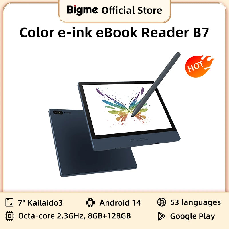 Bigme B7 ebook reader, 7'' e-ink ereader, 300PPI, 8+128GB, Android 14 open system, Handwritten e-book tablet w/ 5MP rear camera