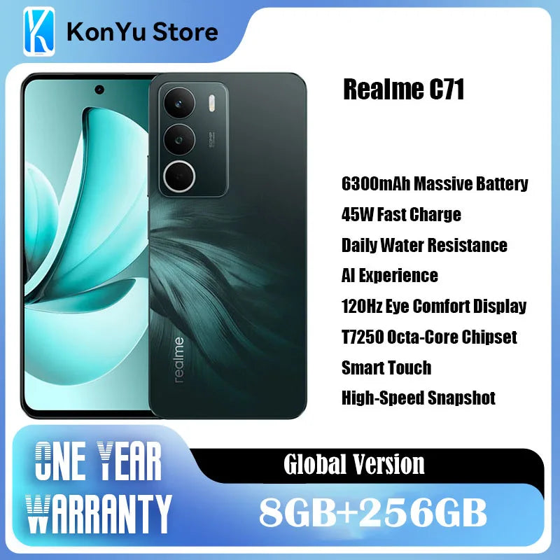 Realme C71 Cell Phone 6.67" 6300mAh Battery 45W SUPER VOOC Charge 50MP AI Camera 120Hz Display 8GB RAM 256GB ROM NFC Smartphone