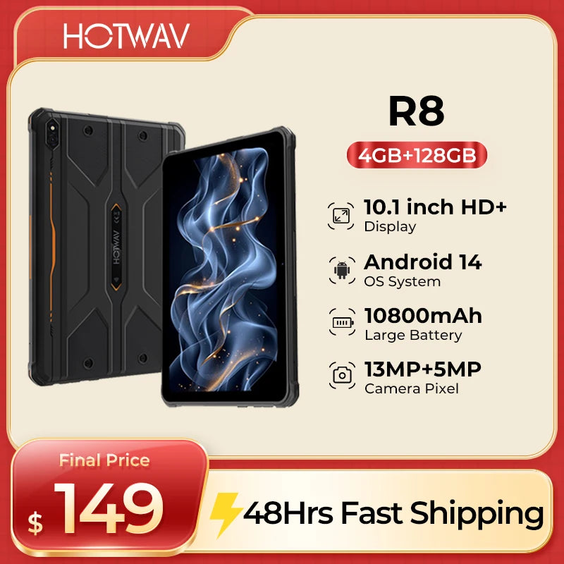 HOTWAV R8 Rugged Tablet Android 14 10.1 inch HD+10800mAh Battery 5MP+13MP Camera tablets 4GB+128GB 8-core tablet Global