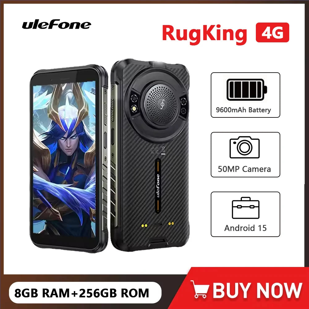 Ulefone RugKing 4G Rugged Smartphone Android 15 Waterproof 5.99 Inch 8+256GB Mobile Phone 9600mAh 50MP Main Camera Cellphone NFC