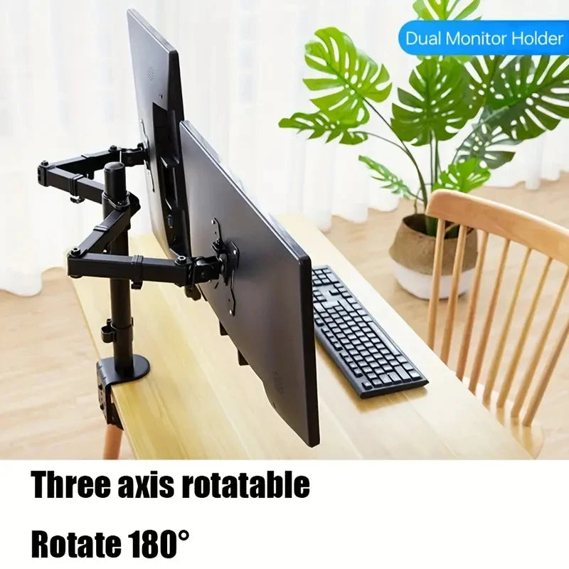 Dual Monitor Stand, Holds Screen up to 27inch, Universal Freestanding Monitor Stand Adjustable Height, Tilt, Swivel, Rotation