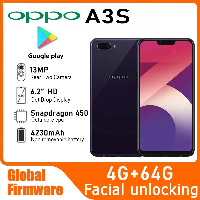 OPPO A3S smartphone Global Firmware Android 8.1 6.2-inch CPU Snapdragon 450 4230mAh camera 13MP used phone