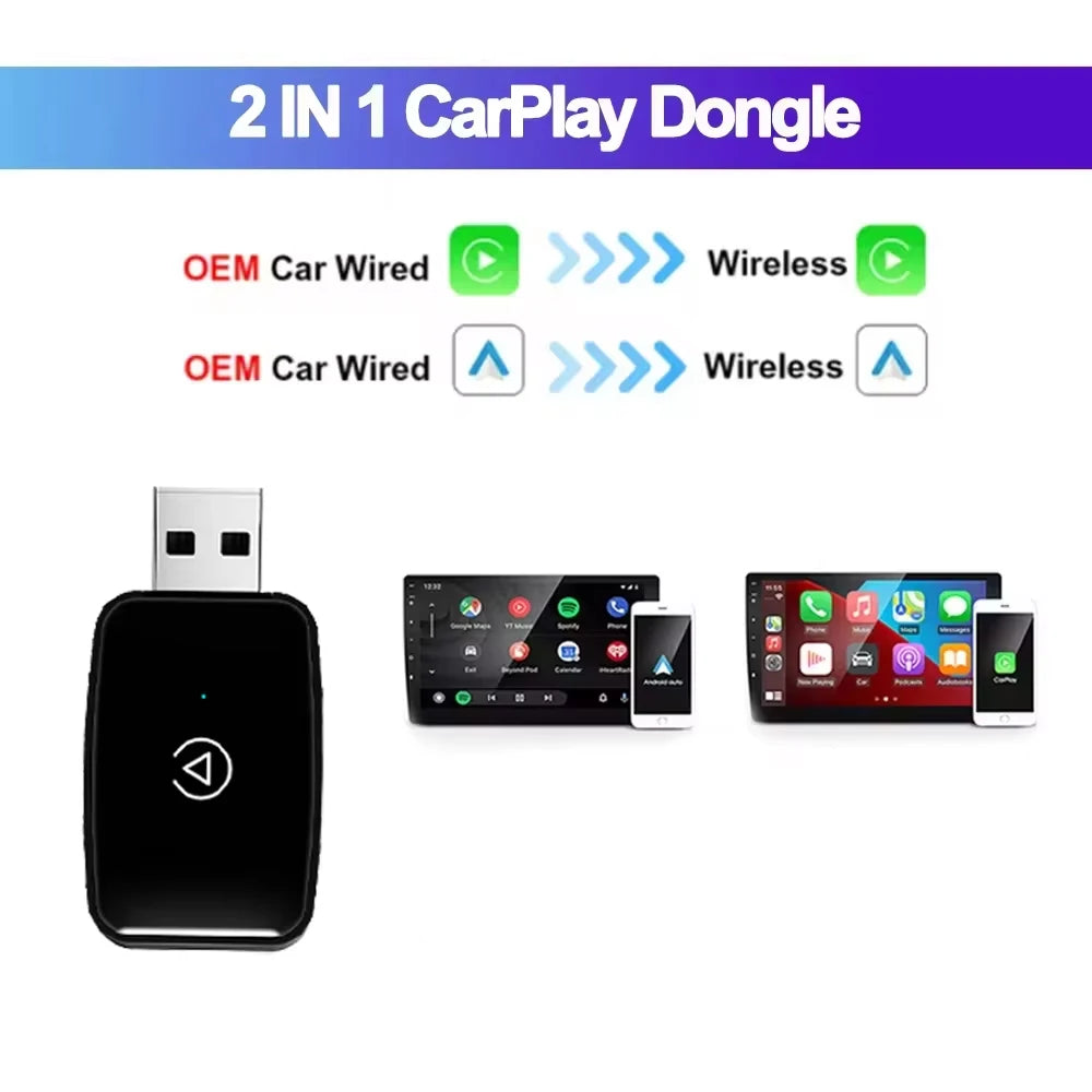 2 in 1 Wireless Carplay Android Auto Adapter Mini Box Wired To Wireless Plug and Play 5Ghz WiFi Type-C/USB For Toyota VW Peugeot