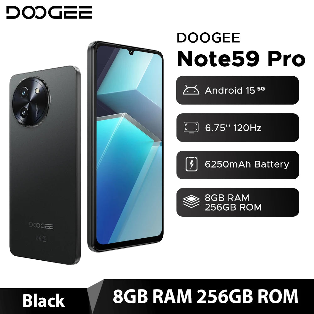 Global Version DOOGEE Note59 Pro 5G Smartphone Android 15 Mobile Phone 8GB RAM 256GB ROM 6.75" HD+ 6250mAh Battery NFC Cellphone