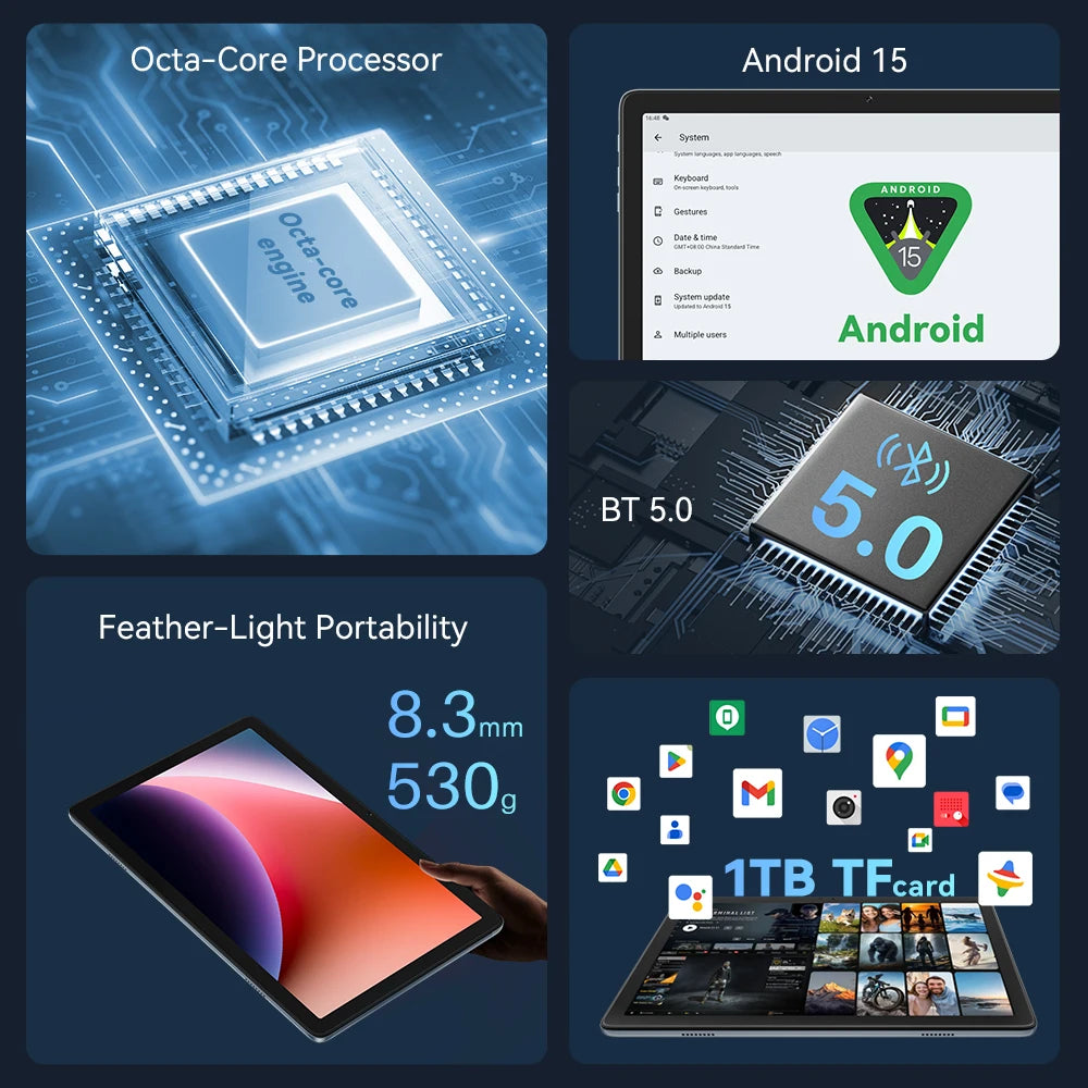 Tablet Cubot TAB 65, Android 15, Octa-Core, 12GB RAM(4GB+8GB), 128GB ROM, 10.1-Inch HD+ 90Hz Screen, 13MP Camera, 6200mAh, OTG