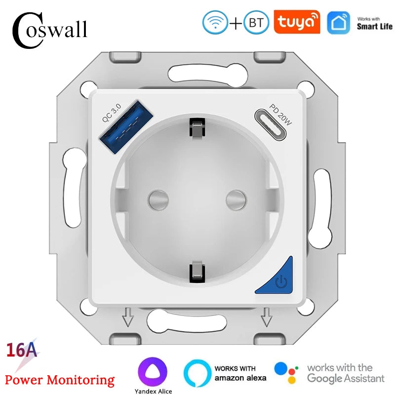 COSWALL DIY Module WIFI / Zigbee Smart EU Wall Socket With PD 20W Type-C & A Dual USB Fast Charger With Power Monitoring Alice