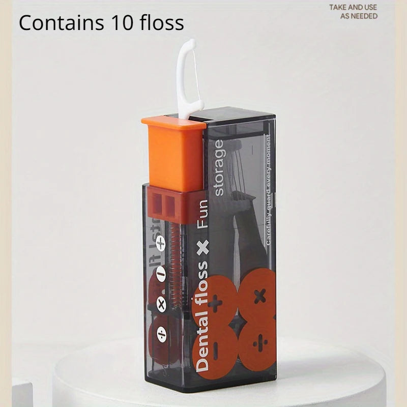 Portable Automatic Floss Dispenser with 10Pcs Press-on Disposable Flossing Sticks Oral Care Ejectable Floss Organizer