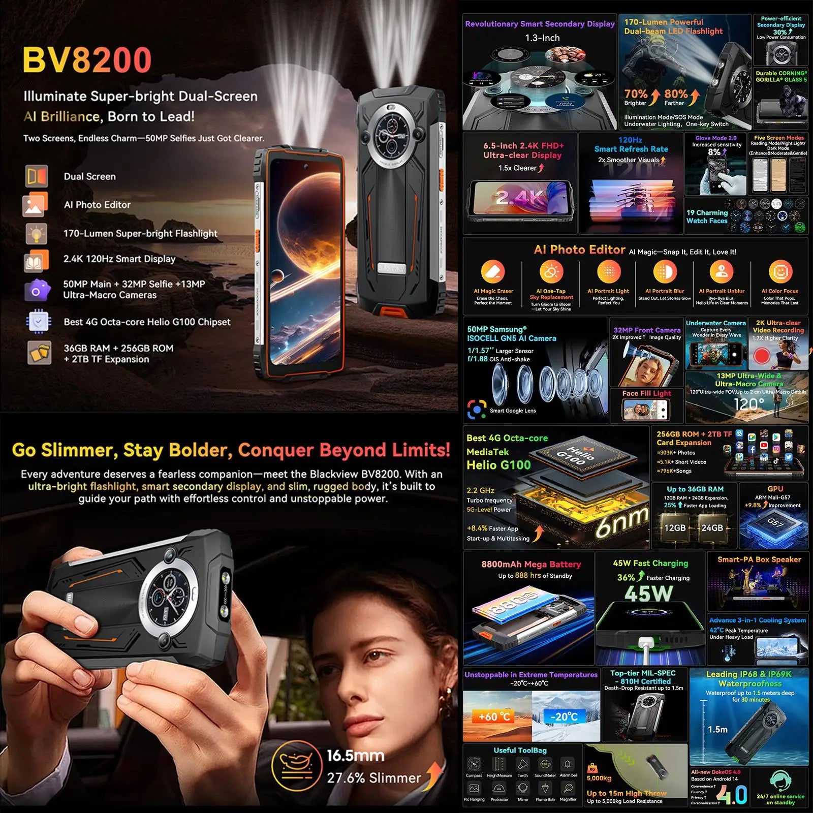 Blackview BV8200 Rugged Smartphone 6.5" 2.4K FHD+ 120Hz 12GB+256GB Helio G100 50MP Camera 8800mAh 45W Android 14 NFC Cellphone