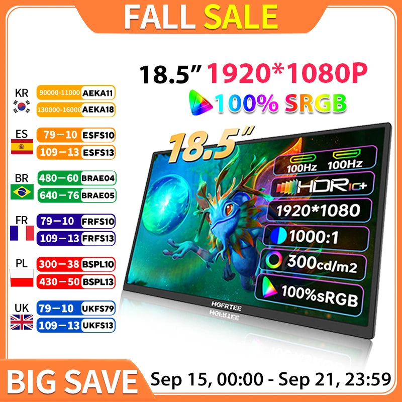 HGFRTEE 18.5inch Portable Monitor ADS-IPS 100Hz RGB100% Extended Display Laptop Second Screen With VESA Hole&Stand