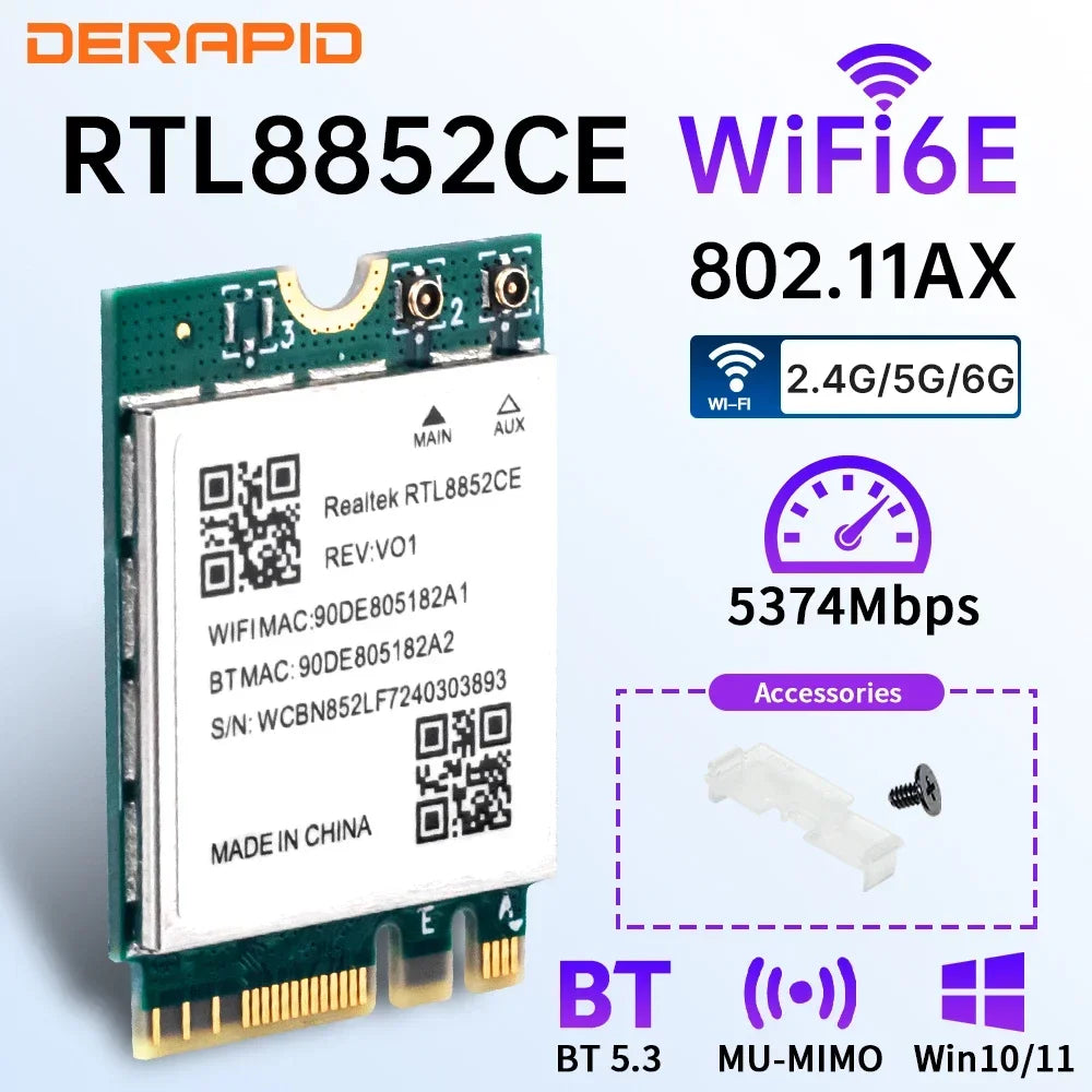 Triple Band WiFi 6E Bluetooth 5.3 Adapter 5400Mbps Wireless Signal Receive Card NGFF M.2 for Windows 10/11 RTL8852CE Like AX210