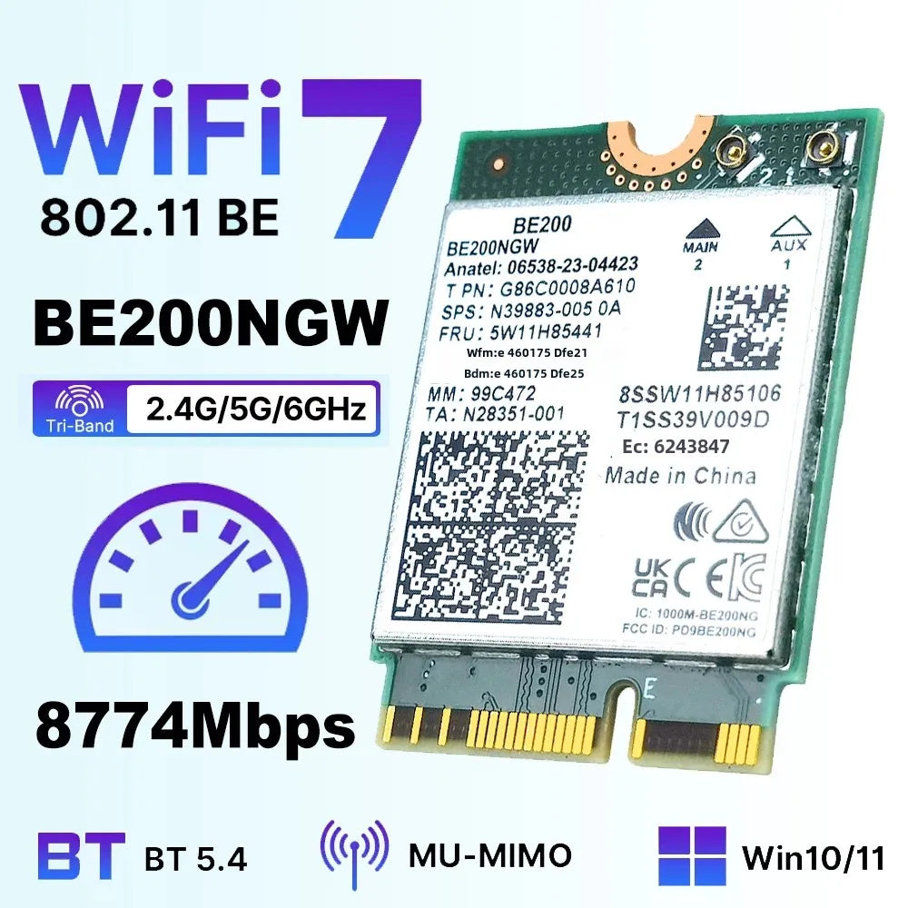 Wi-Fi 7 BE200 Bluetooth 5.4 Wifi Card 8774Mbps BE200NGW Tri-band 2.4/5G/6G Wireless Network Adapter For Windows 10/11 PC Laptop