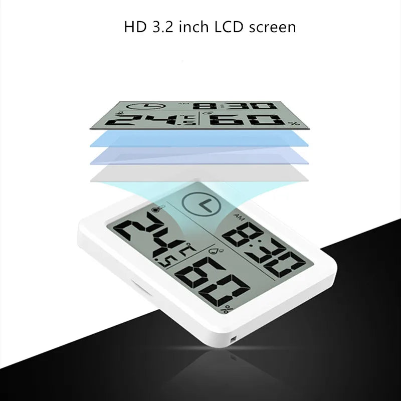 Multifunction Thermometer Hygrometer Automatic Electronic Temperature Humidity Monitor Clock 3.2inch Large LCD Screen