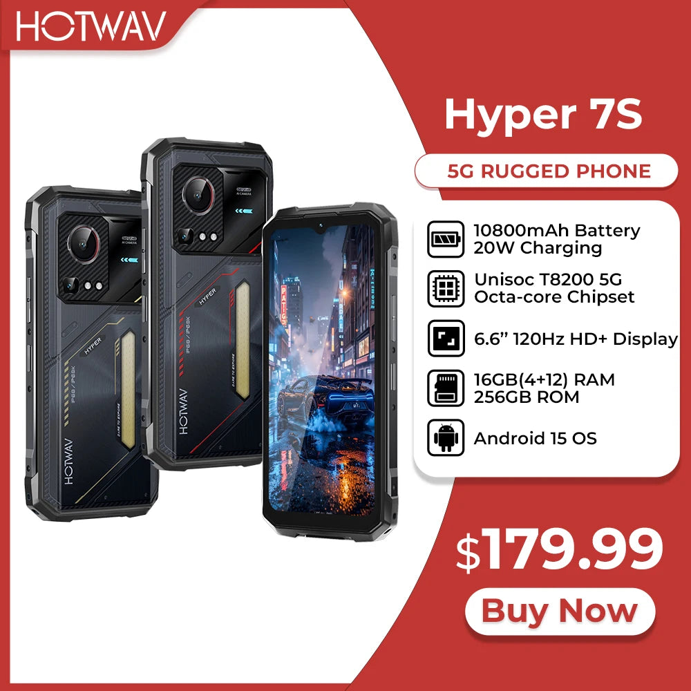 HOTWAV Hyper 7S Rugged Phone Android 15 10800mAh 20W Mobile Phone 5G Global Version 4GB 256GB Smartphone 6.6'' 120Hz Cellphone
