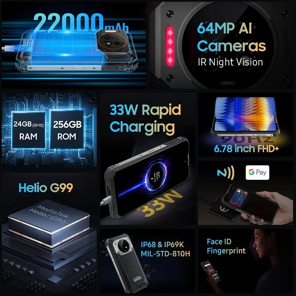 Rugged Phone Oukitel WP19 Pro Helio G99 Cellphone 22000mAh 24GB 256GB Smartphone 64MP Camera  120Hz Mobile Phone