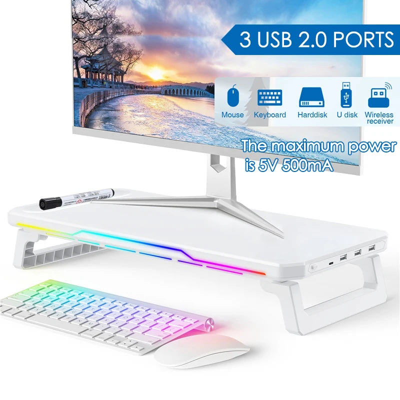 Monitor Stand Riser with 3 USB 2.0 Ports + Wireless Charging + RGB Lighting Foldable Office Computer Stand Storage Rack