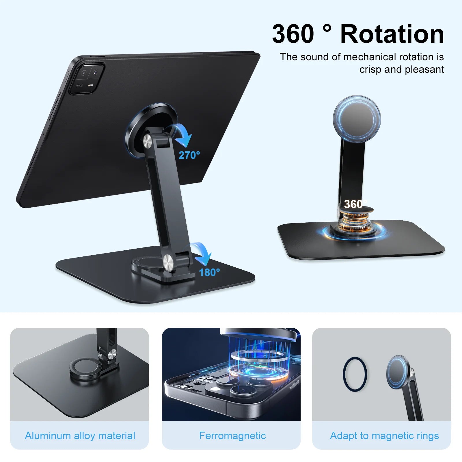 Black Magnetic Metal Stand 360° Rotatable Holder for 7-21.5 inch Portable Monitor, iPad & iPhone Displays,  Stable 3KG Bracket