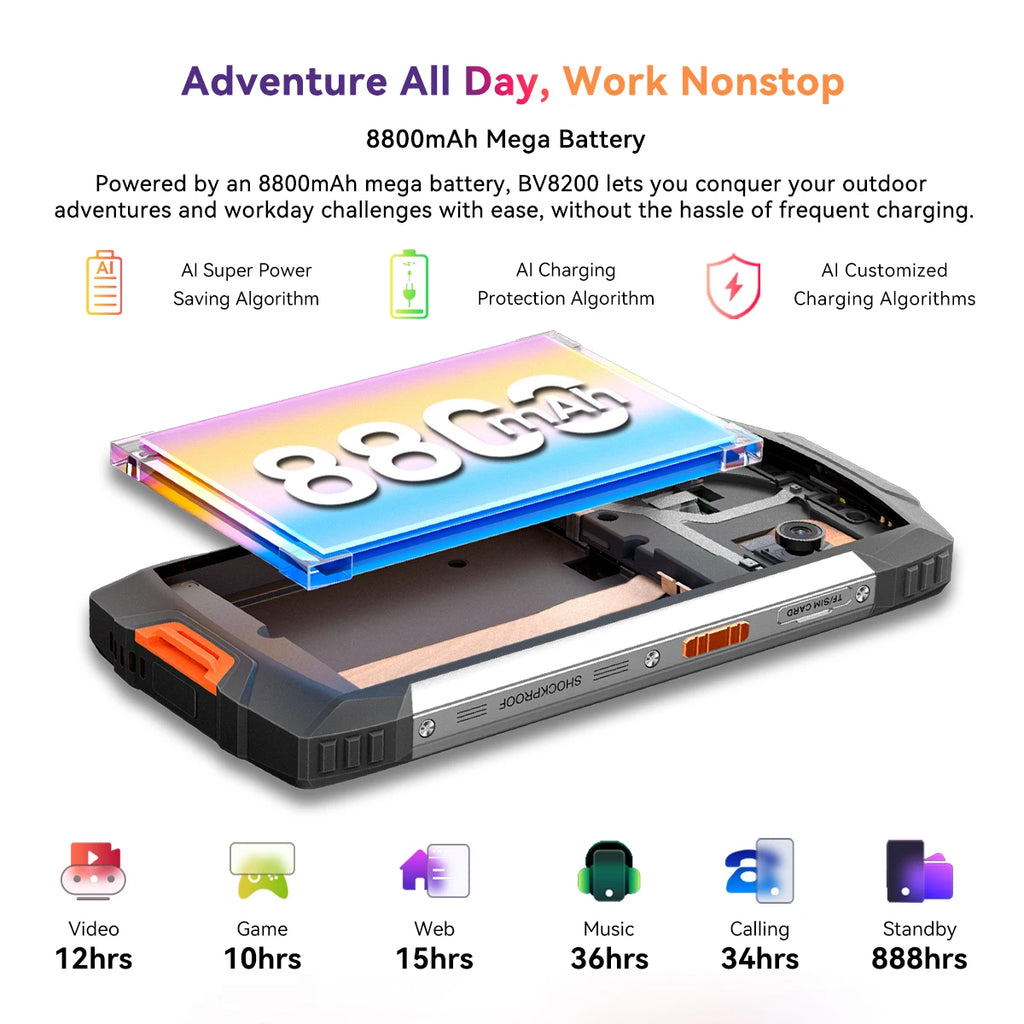 Blackview BV8200 Rugged phone 6.49" 2.4K 120Hz Display Helio G100 12GB 256GB NFC Flashlight Android 14 CellPhone