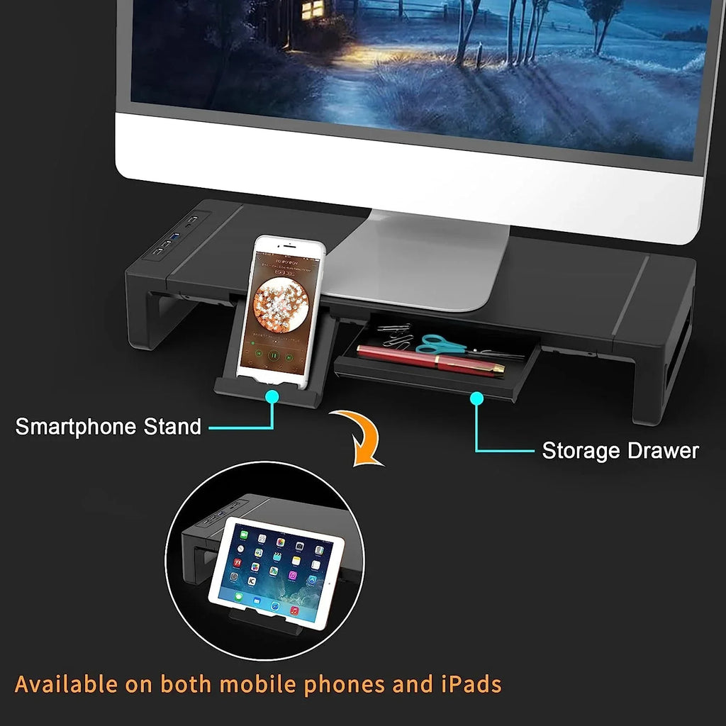 Monitor Stand Riser, With USB3.0 Foldable, Height Adjustable Computer Stand, Desk Shelf Riser with Storage Drawer &Tablet Phone