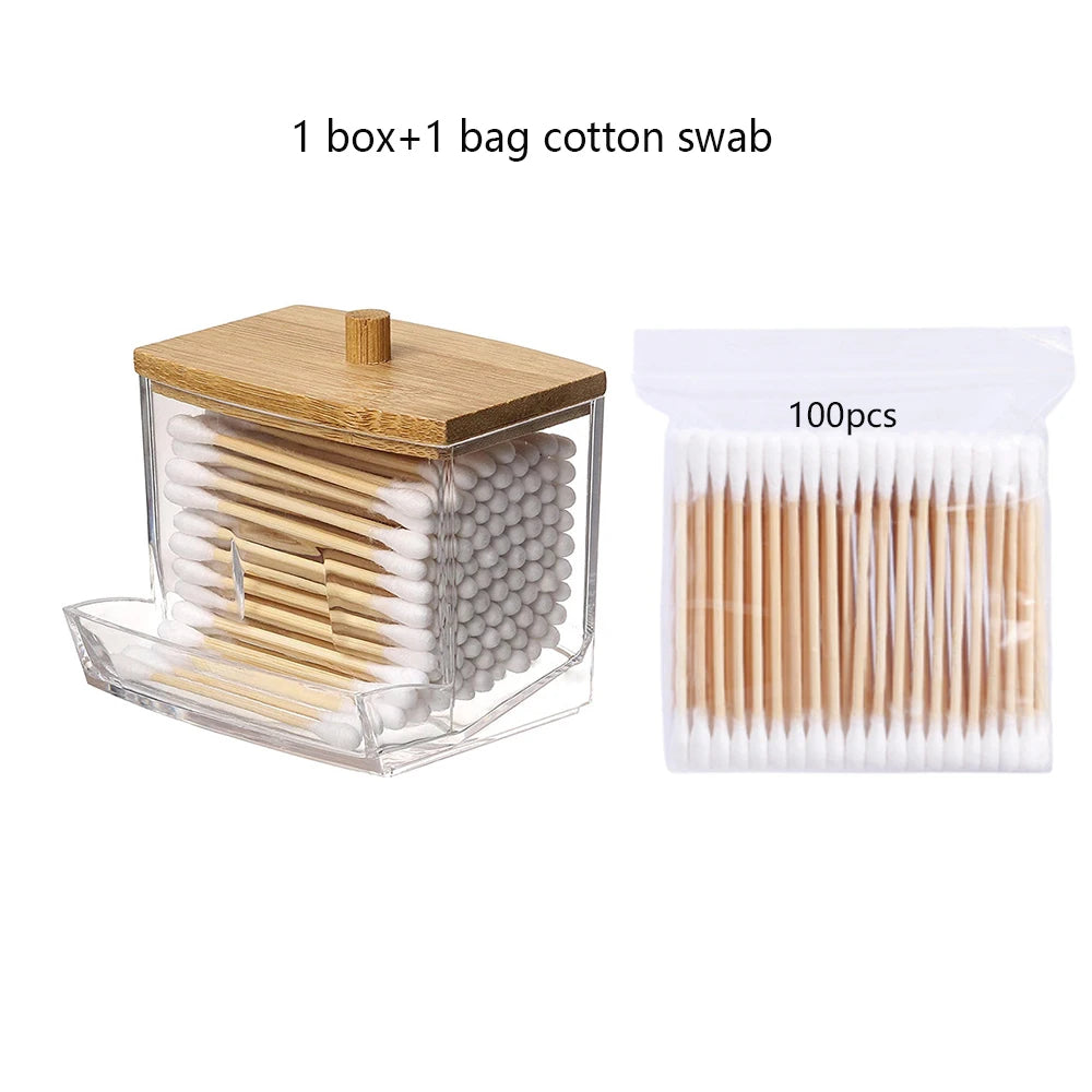 Cotton Swab Storage Box Double Head Cotton Buds Container Transparent Square Bamboo Cover Cotton Swab Toothpick Organize Box