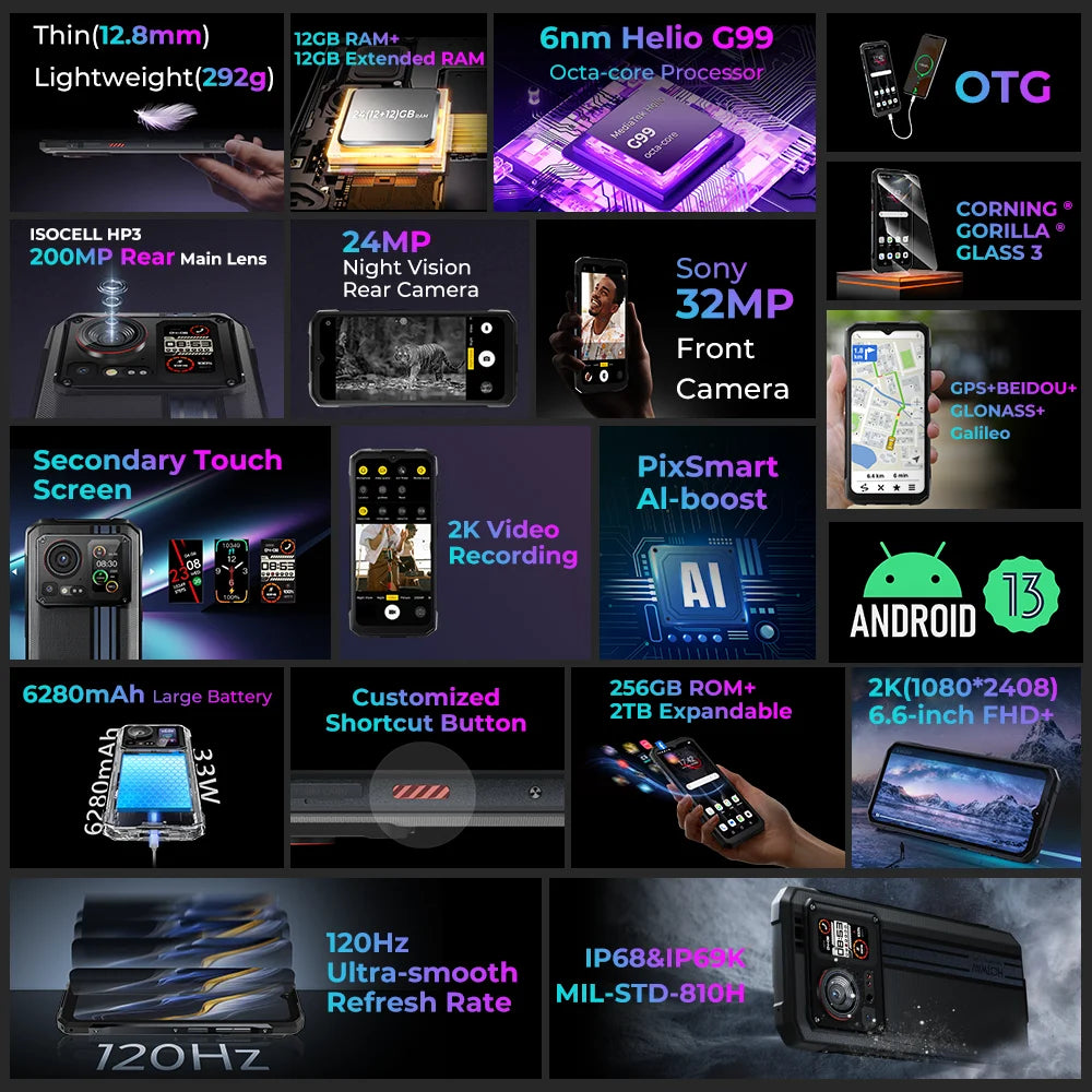 HOTWAV Cyber 15 Rugged Smartphones G99 Gaming Phones 200MP Outdoor Shooting Cellphones On Sale 6.6'' FHD+ 120Hz 12GB 256GB