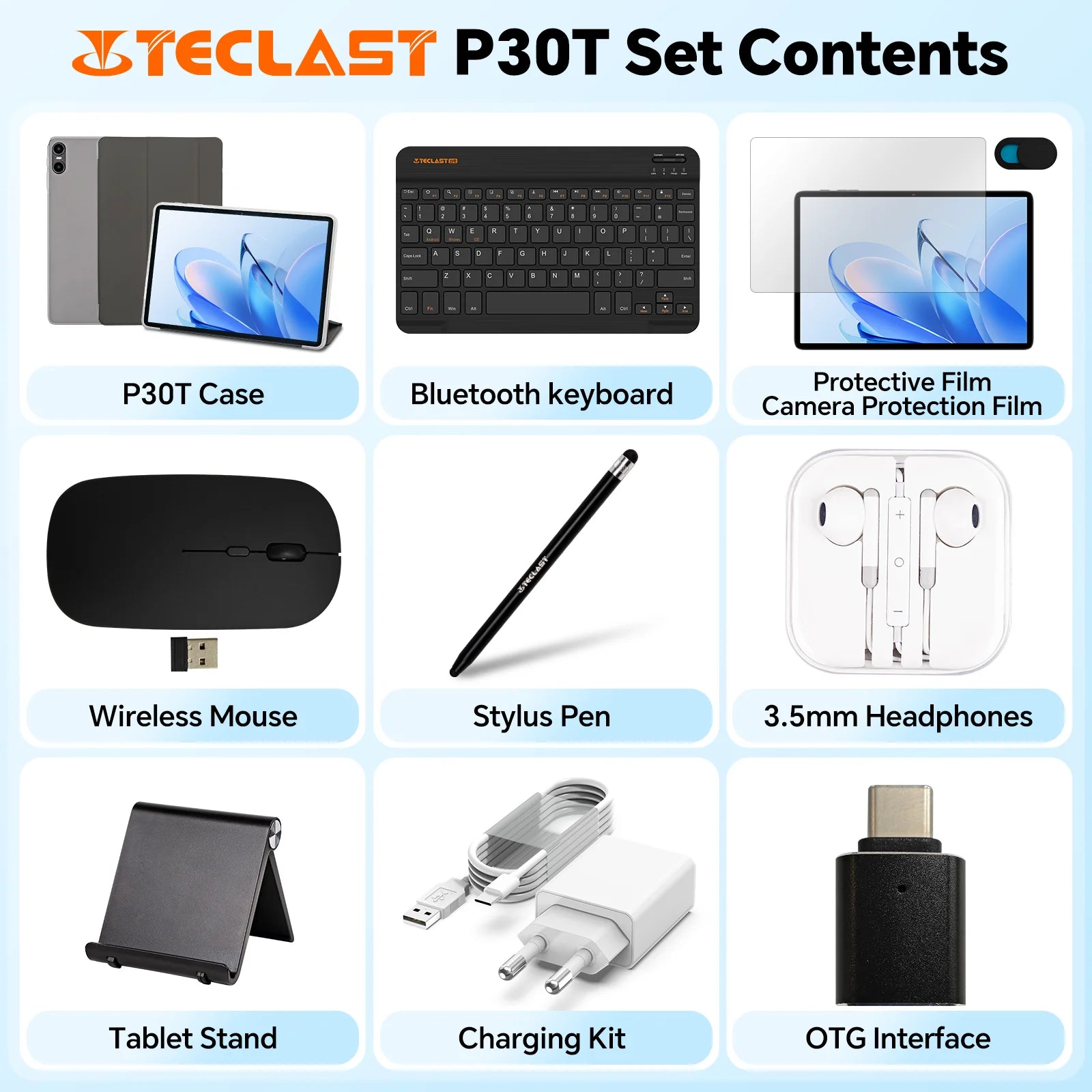 Teclast Tablet P30T Case Android 15 10.1" IPS Max 12GB RAM 128GB ROM T606 8-core P30TCase/Keyboard/Mouse/Stylus/Headphone/Stand