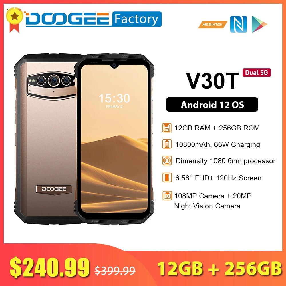 DOOGEE V30T Dimensity 1080 6nm Smartphone 12GB 256GB 5G Android 12 Cellphones 10800mAh 108MP 120Hz Wifi 6 NFC Mobile Phone
